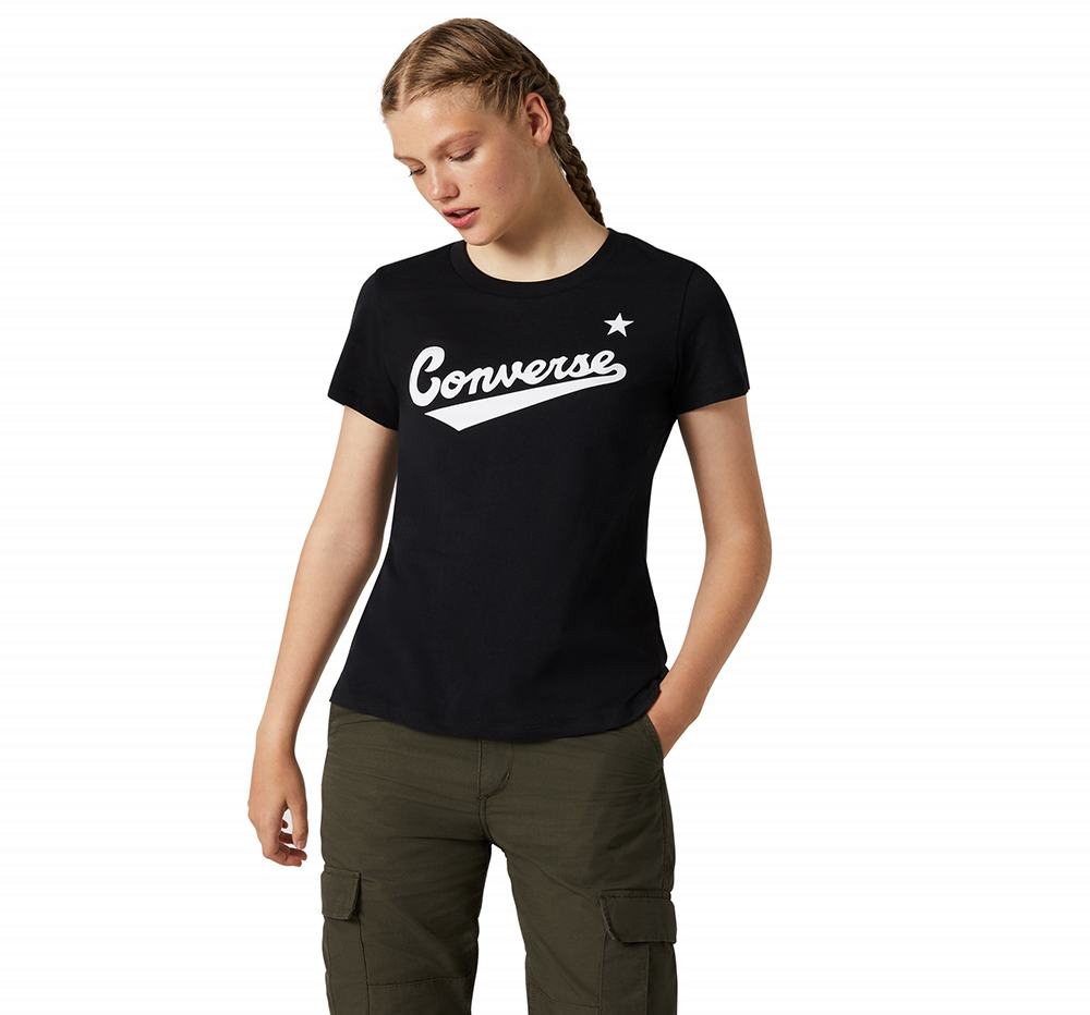 Camiseta Converse Front Logo Mulher Pretas 703586MJY
